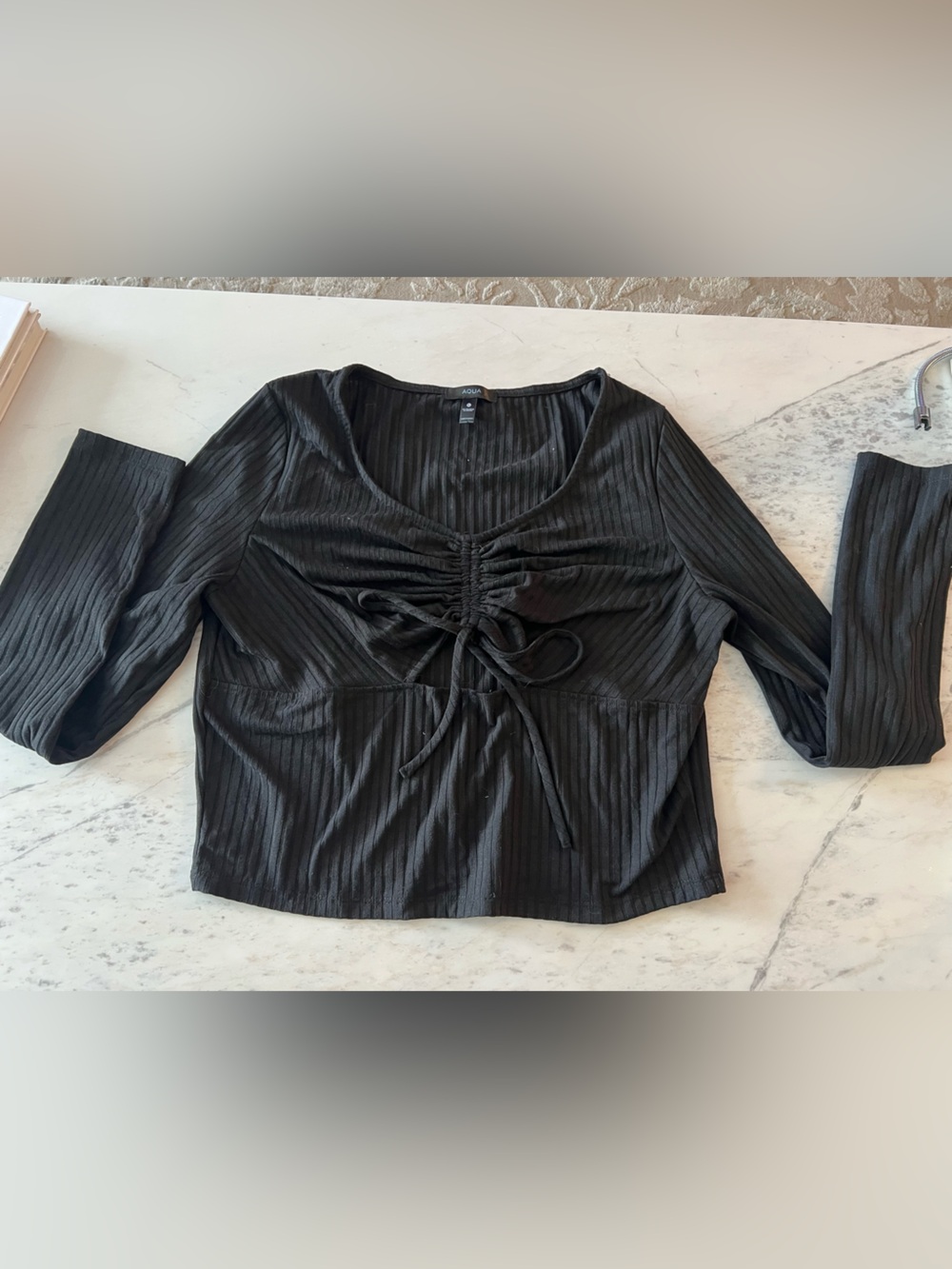 Aqua Black Ribbed Long Sleeve Drawstring Top